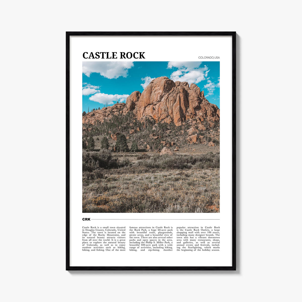 Castle Rock colorful travel poster of Colorado, USA – vertical wall art, unframed print shown in interior mockup