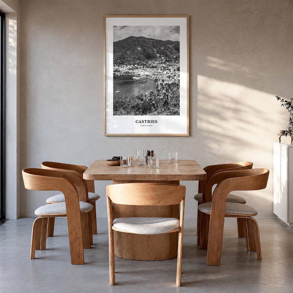 Castries black & white classic poster of Saint Lucia – vertical wall art in natural wood frame, hanging on wall