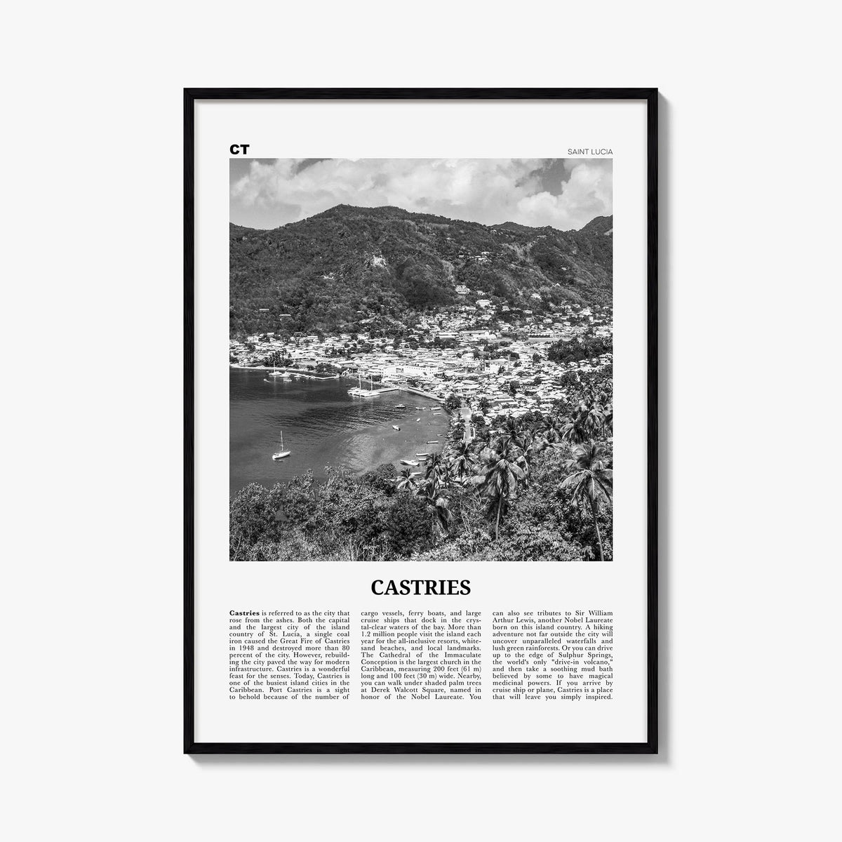 Castries black & white newspaper poster of Saint Lucia – vertical wall art, unframed print shown in interior mockup