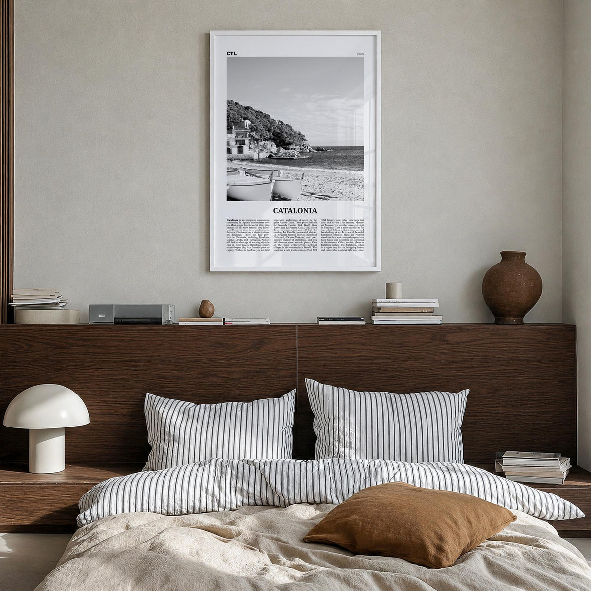 Catalonia black & white newspaper poster of Spain – vertical wall art in white wood frame, hanging on wall