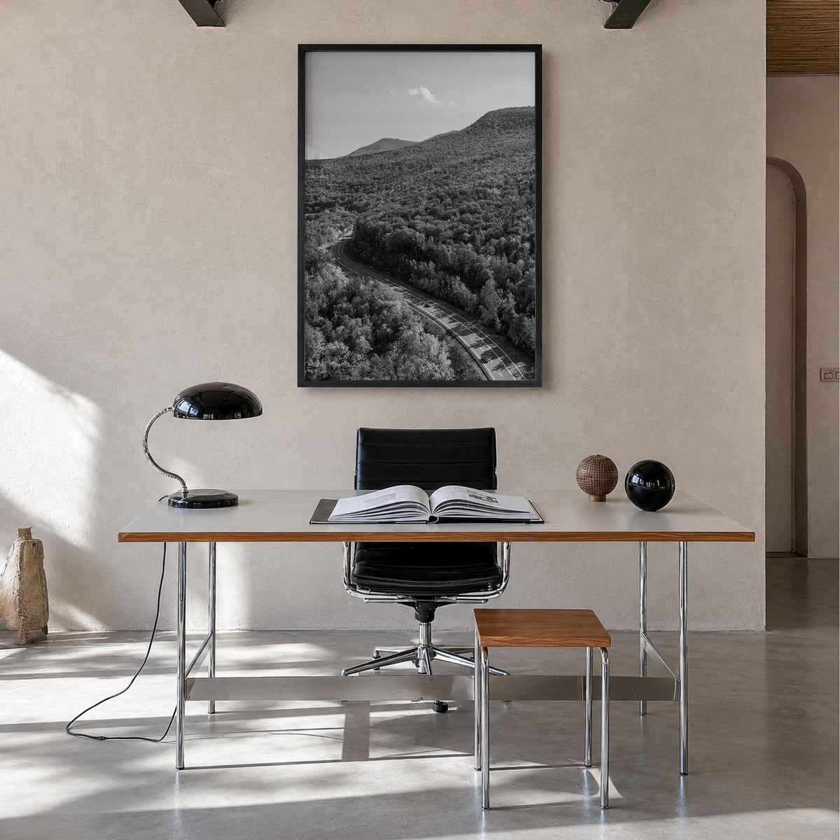 Catskill Mountains black & white photo poster of New York, USA – vertical wall art in black wood frame, hanging on wall