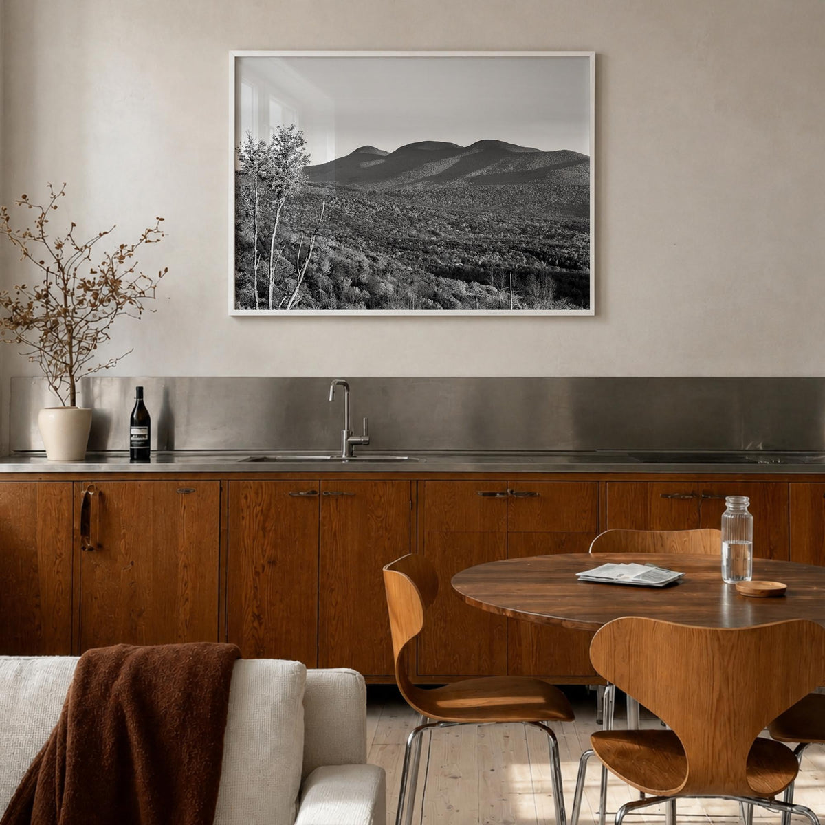 Catskill Mountains black & white photo poster of New York, USA – horizontal wall art in white wood frame, hanging on wall