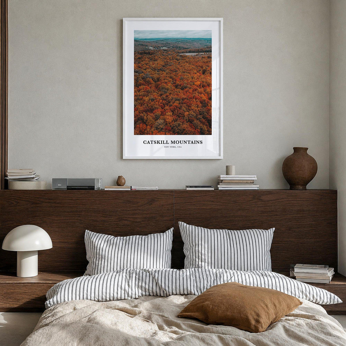 Catskill Mountains colorful classic poster of New York, USA – vertical wall art in white wood frame, hanging on wall