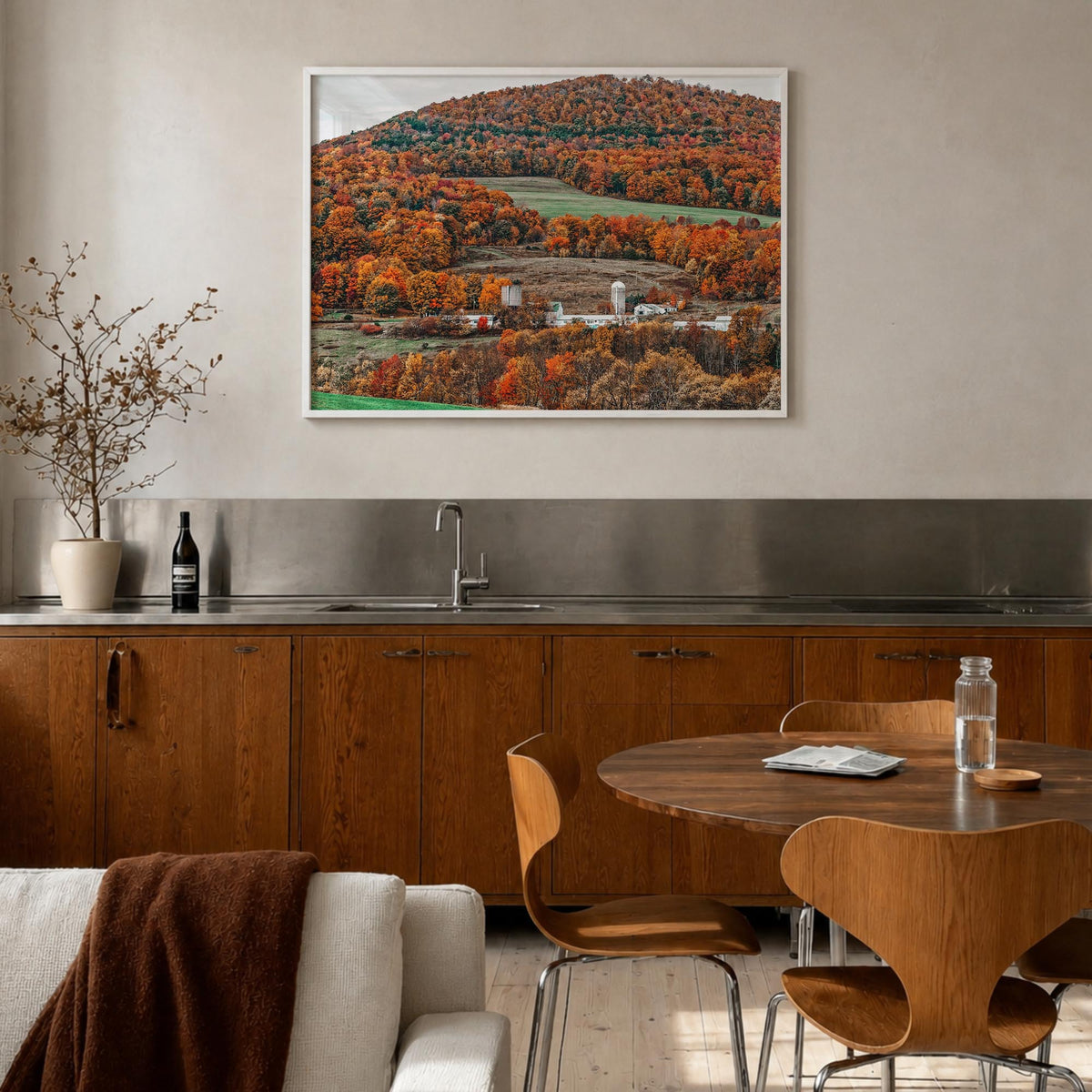 Catskill Mountains colorful photo poster of New York, USA – horizontal wall art in white wood frame, hanging on wall