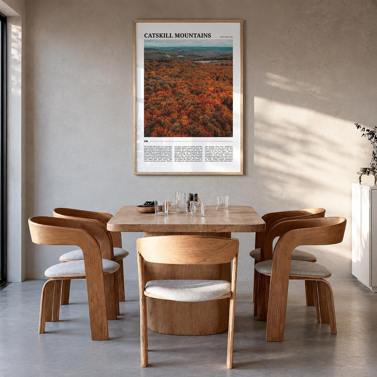 Catskill Mountains colorful travel poster of New York, USA – vertical wall art in natural wood frame, hanging on wall