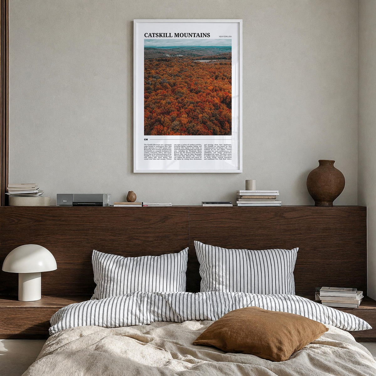 Catskill Mountains colorful travel poster of New York, USA – vertical wall art in white wood frame, hanging on wall