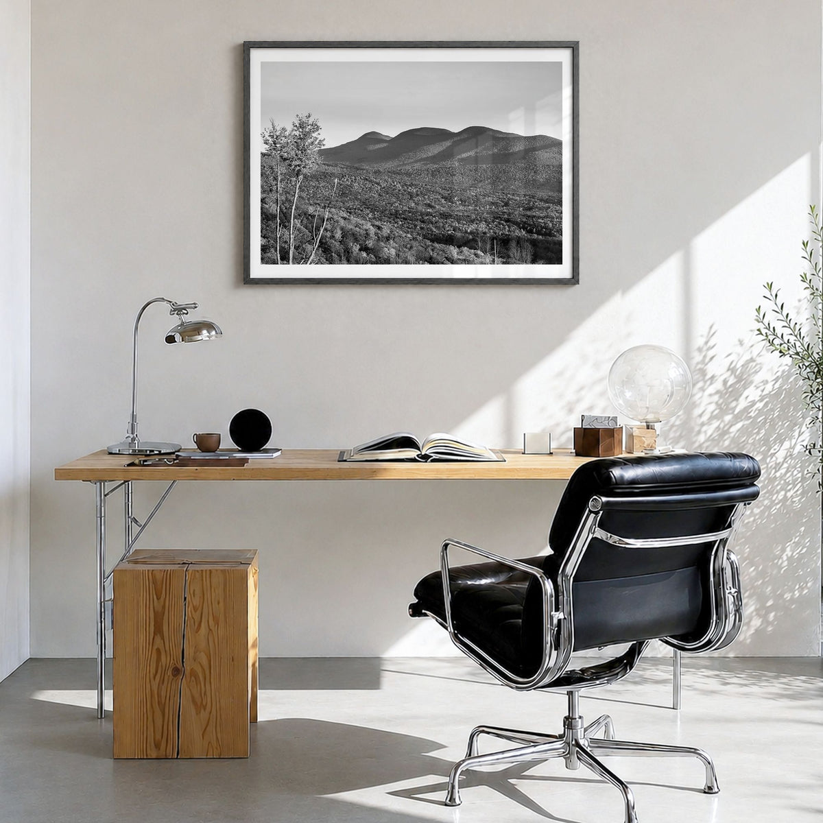 Catskill Mountains Photo Poster in a black wood frame, hanging in a bright home office, white border