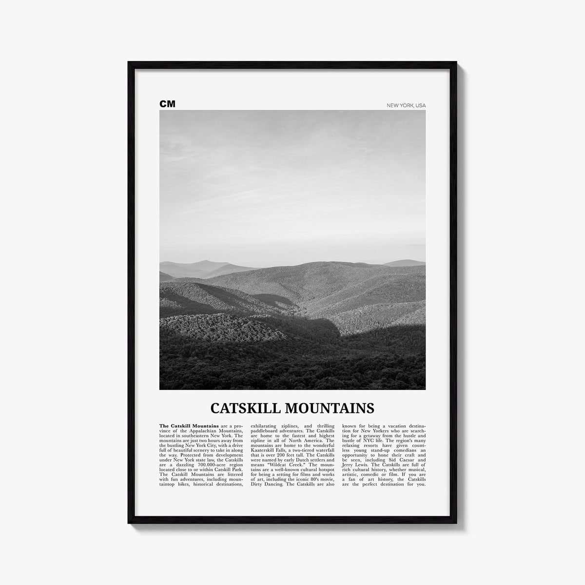 Catskill Mountains no. 1 black & white newspaper poster of New York, USA – vertical wall art, unframed print shown in interio