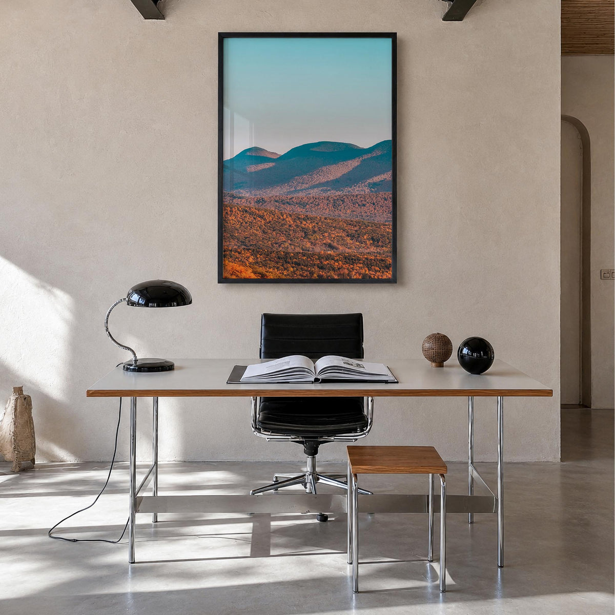 Catskill Mountains no. 1 colorful photo poster of New York, USA – vertical wall art in black wood frame, hanging on wall