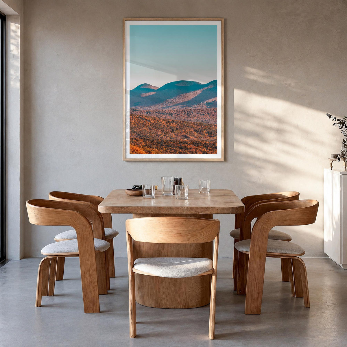 Catskill Mountains no. 1 colorful photo poster of New York, USA – vertical wall art in natural wood frame with white border,