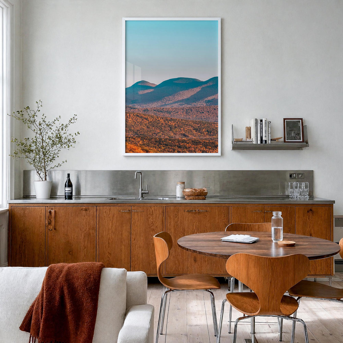 Catskill Mountains no. 1 colorful photo poster of New York, USA – vertical wall art in white wood frame, hanging on wall