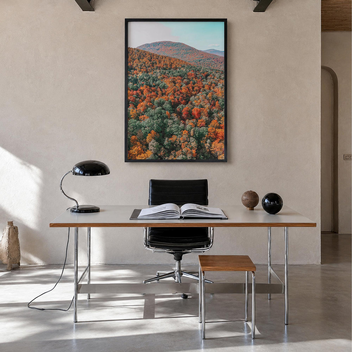 Catskill Mountains no. 2 colorful photo poster of New York, USA – vertical wall art in black wood frame, hanging on wall