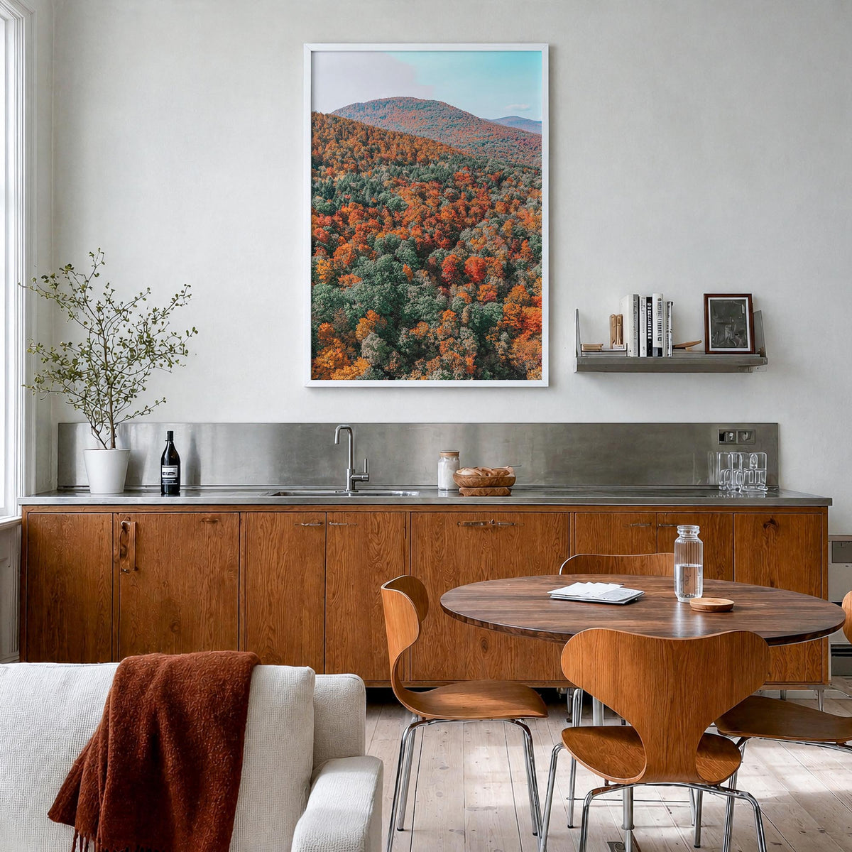 Catskill Mountains no. 2 colorful photo poster of New York, USA – vertical wall art in white wood frame, hanging on wall