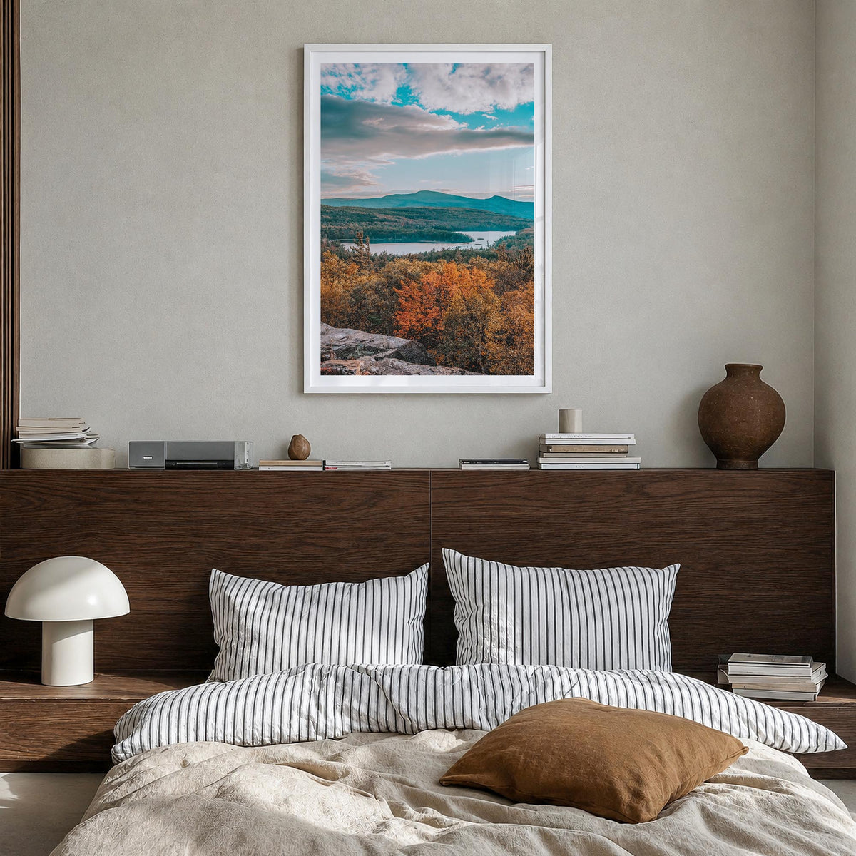 Catskill Mountains no. 4 colorful photo poster of New York, USA – vertical wall art in white wood frame with white border, ha