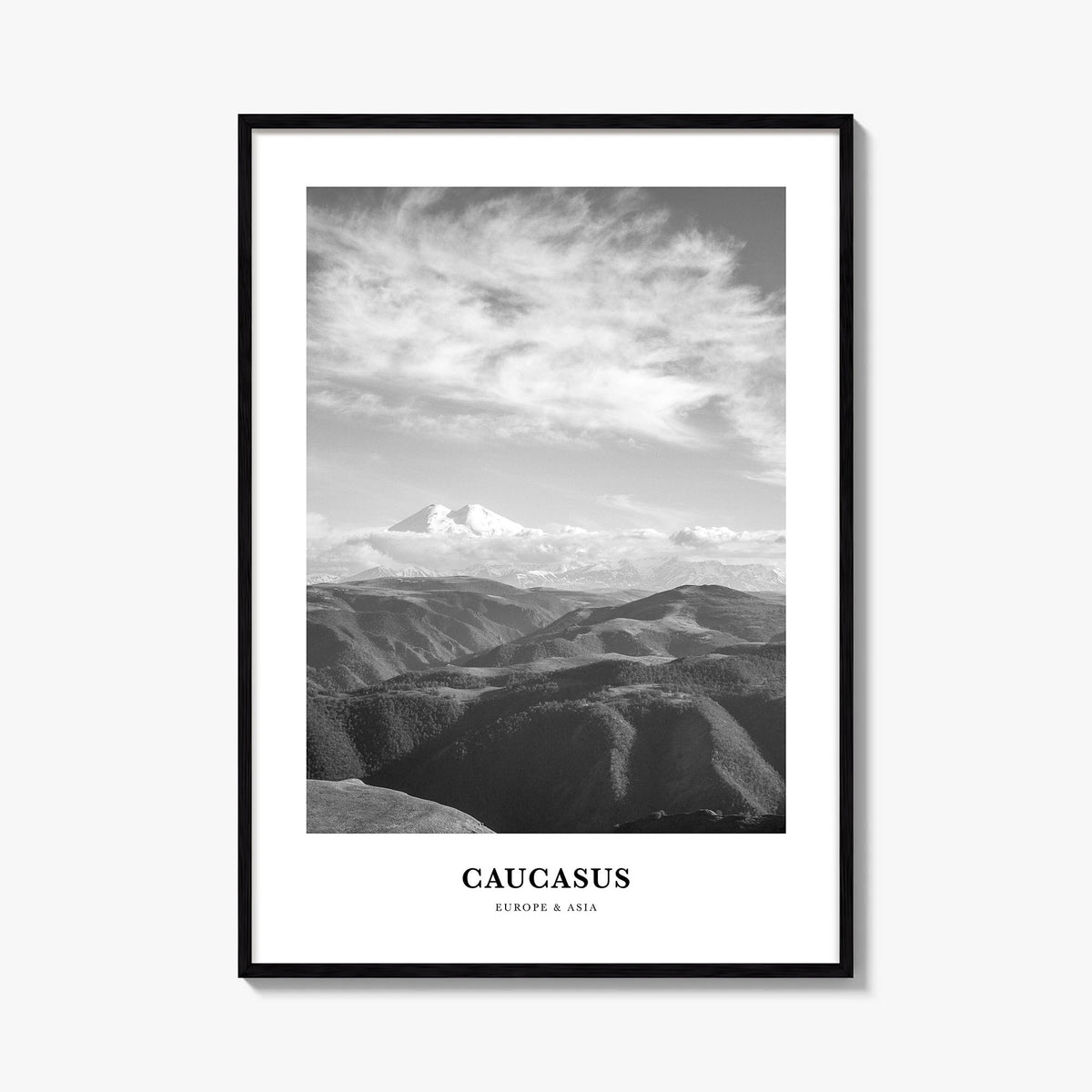 Caucasus Mountains black & white classic poster of Caucasus – vertical wall art, unframed print shown in interior mockup
