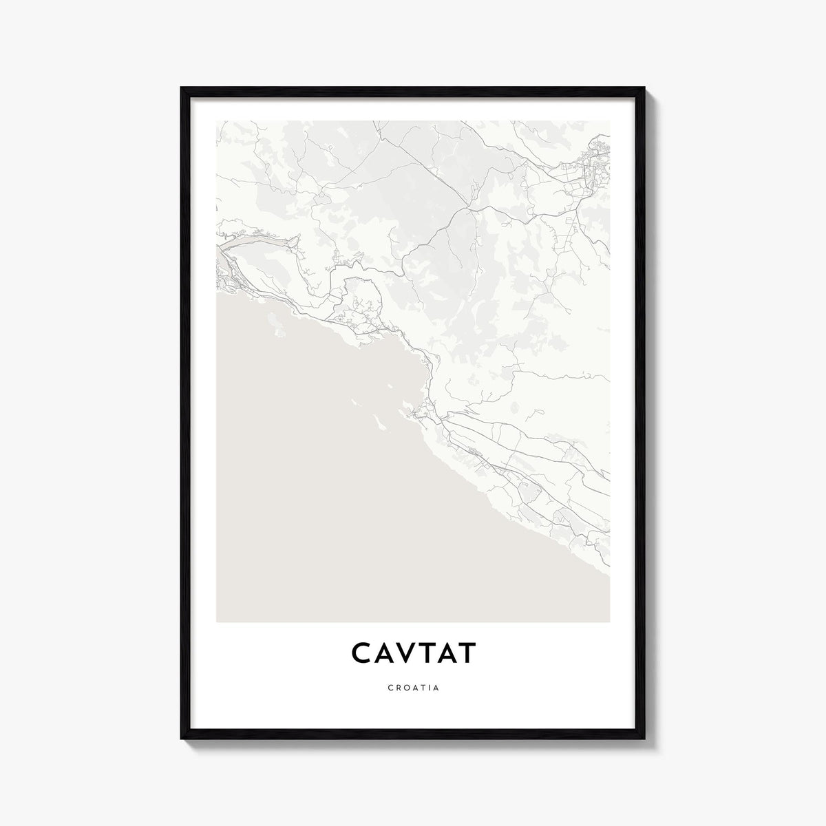 Cavtat black & white map poster of Croatia – vertical wall art, unframed print shown in interior mockup