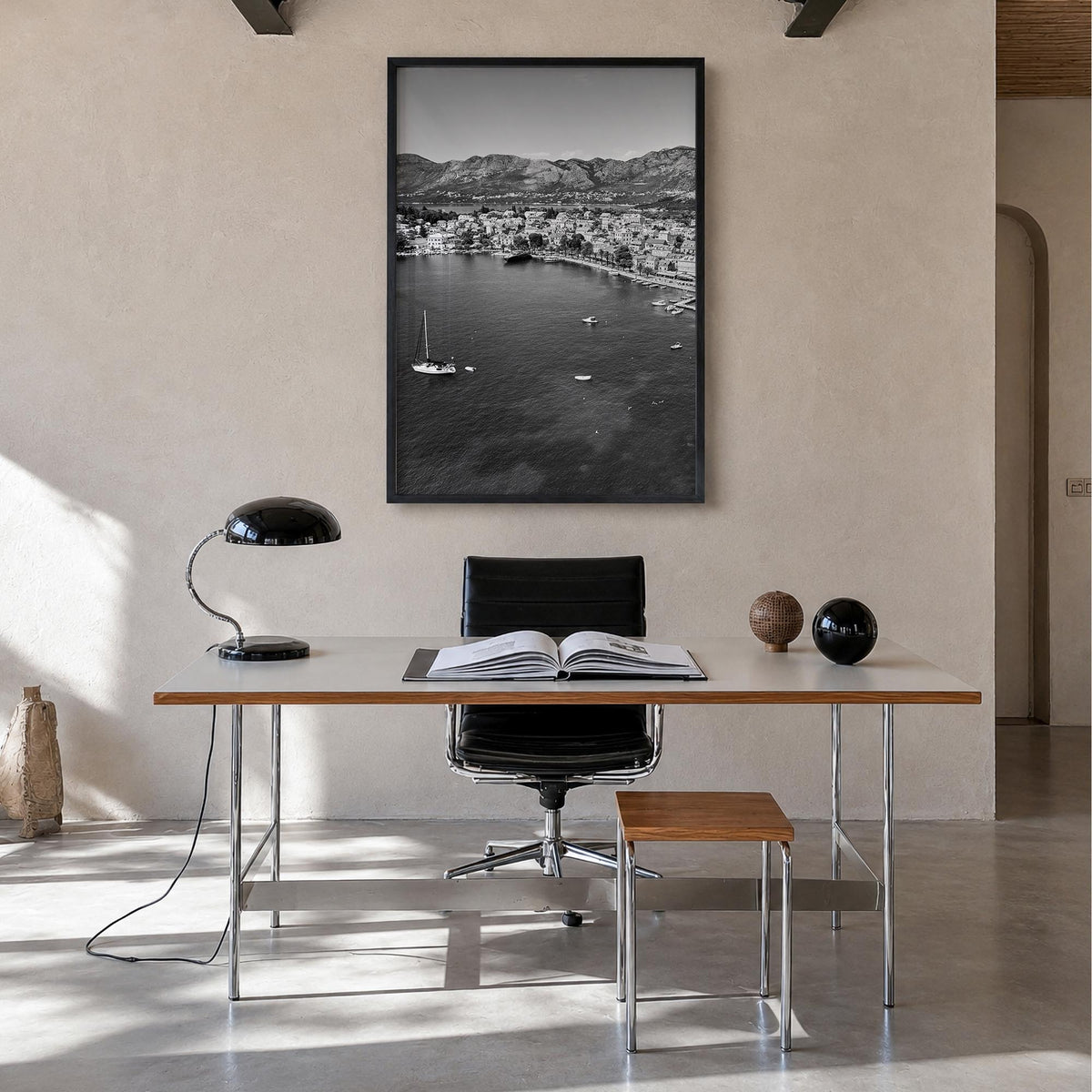 Cavtat black & white photo poster of Croatia – vertical wall art in black wood frame, hanging on wall