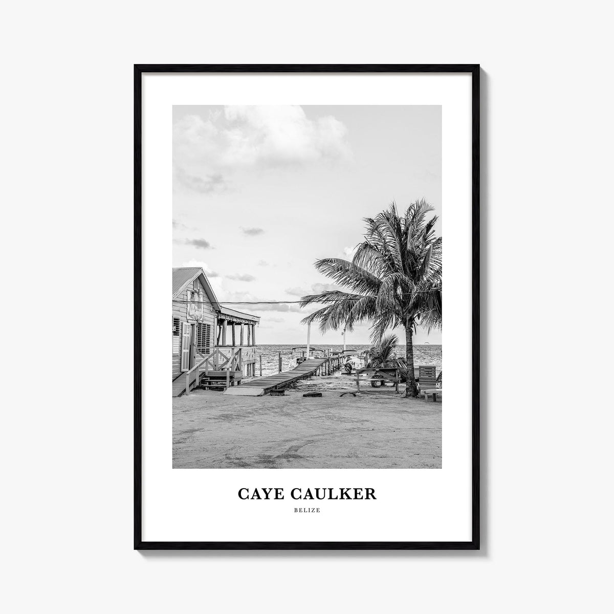 Caye Caulker black & white classic poster of Belize – vertical wall art, unframed print shown in interior mockup
