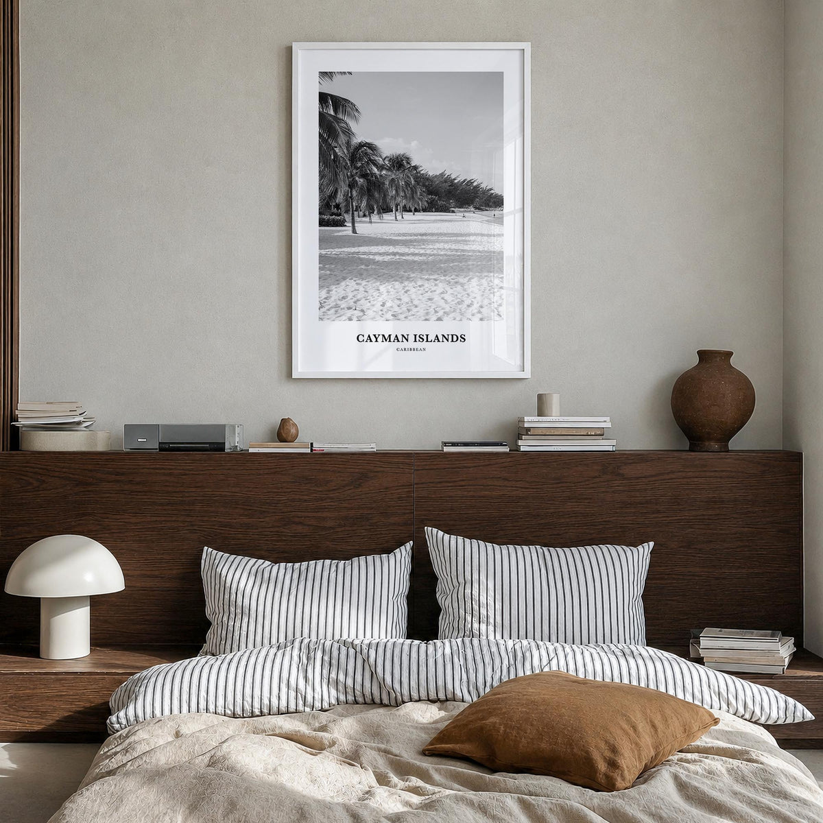 Cayman Islands black & white classic poster of Caribbean – vertical wall art in white wood frame, hanging on wall