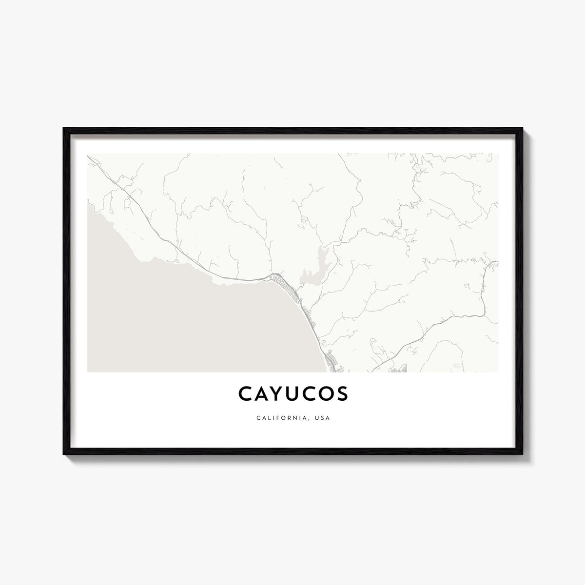 Cayucos black & white map poster of California, USA – horizontal wall art, unframed print shown in interior mockup