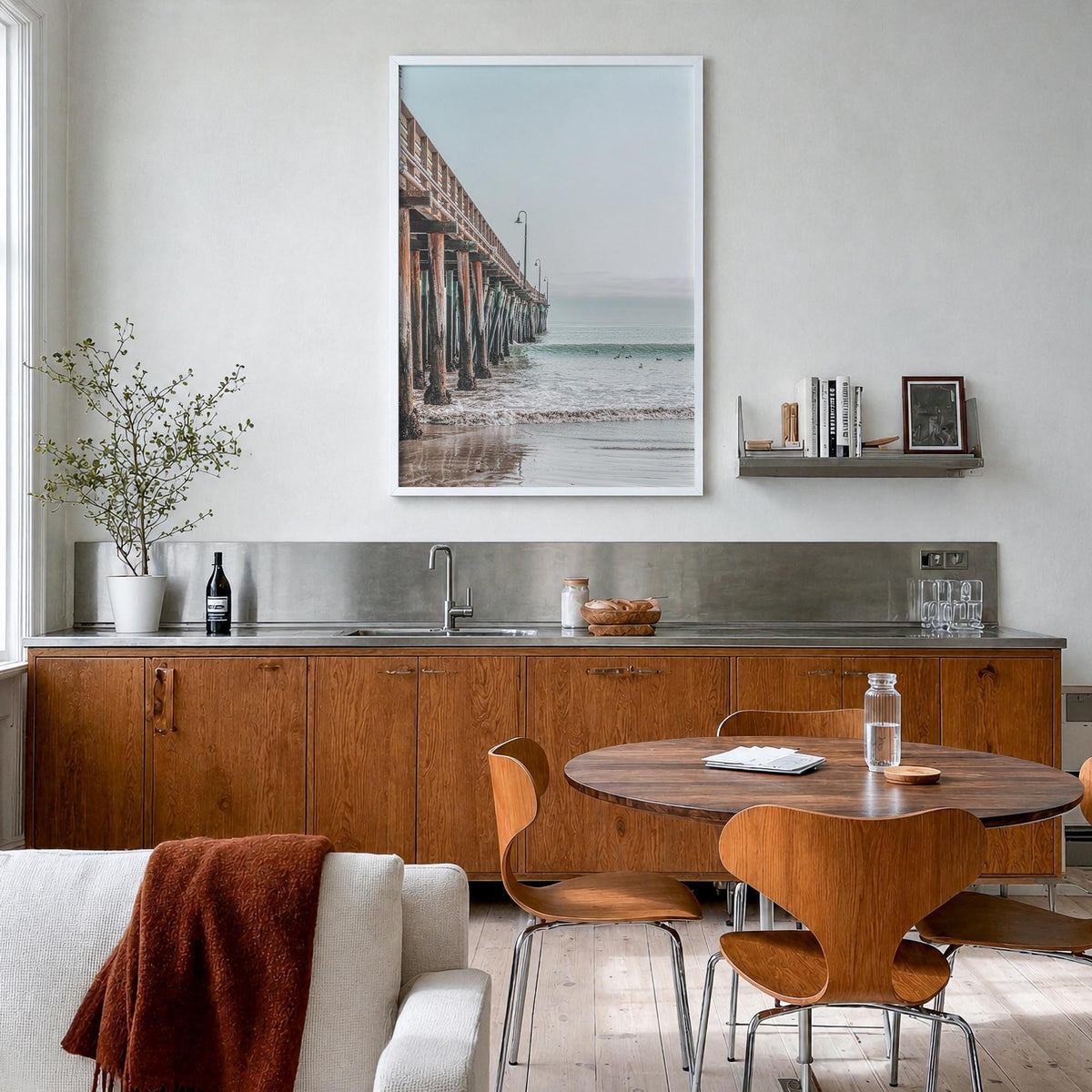Cayucos colorful photo poster of California, USA – vertical wall art in white wood frame, hanging on wall