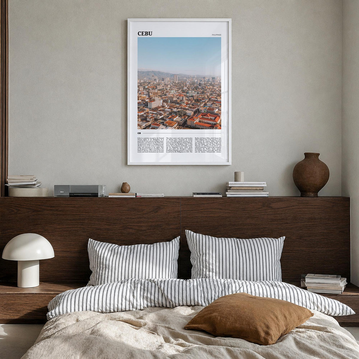 Cebu colorful travel poster of Philippines – vertical wall art in white wood frame, hanging on wall