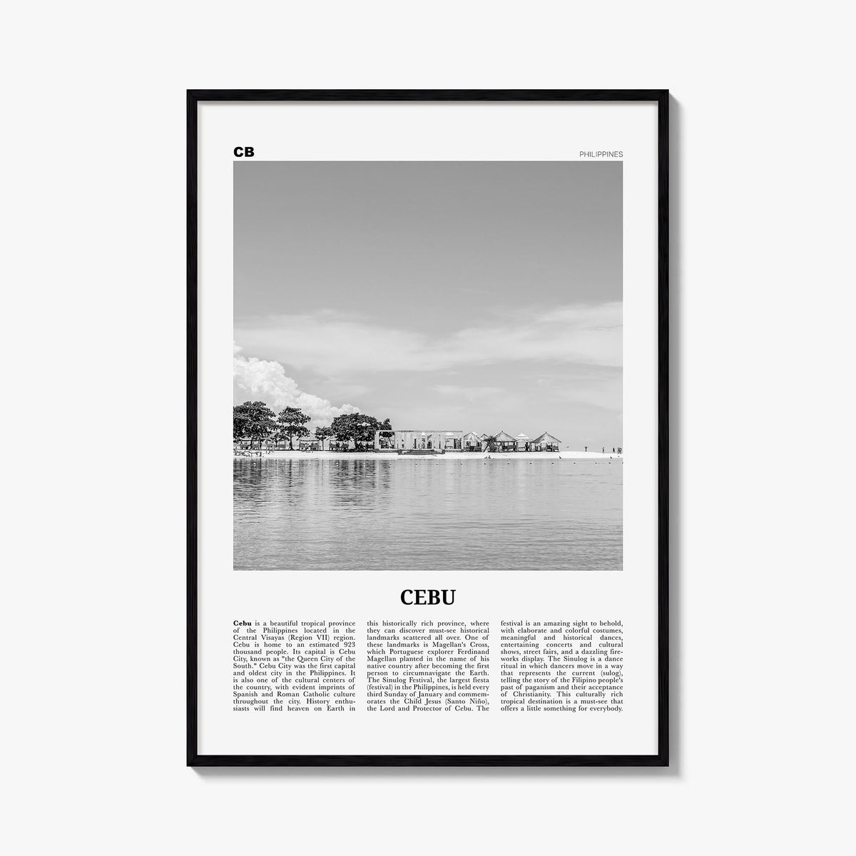 Cebu no. 2 black & white newspaper poster of Philippines – vertical wall art, unframed print shown in interior mockup