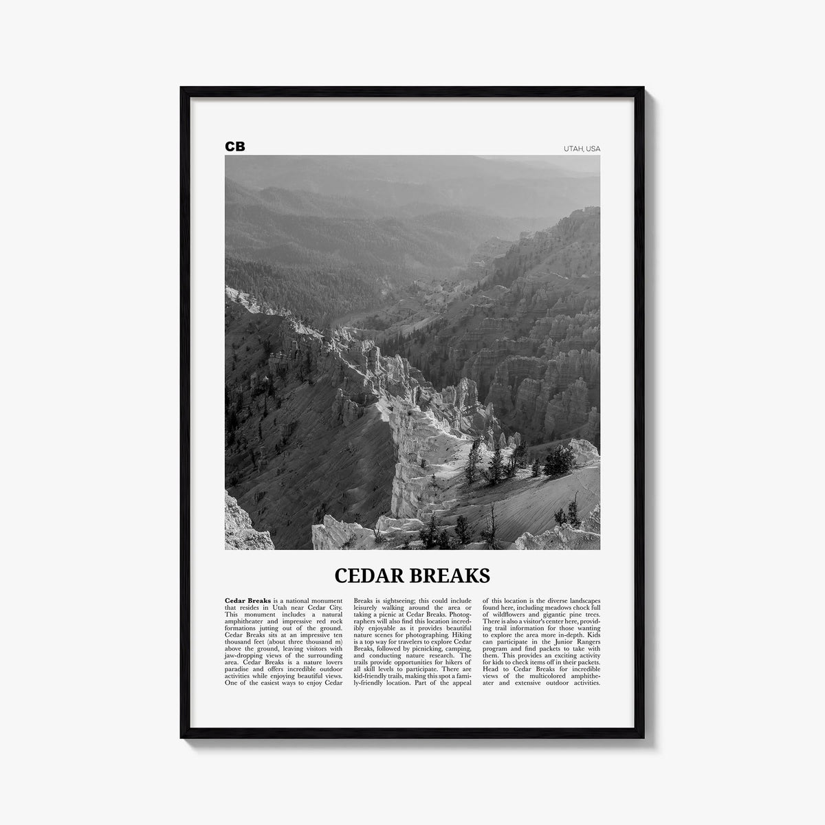 Cedar Breaks National Monument black & white newspaper poster of Utah, USA – vertical wall art, unframed print shown in inter