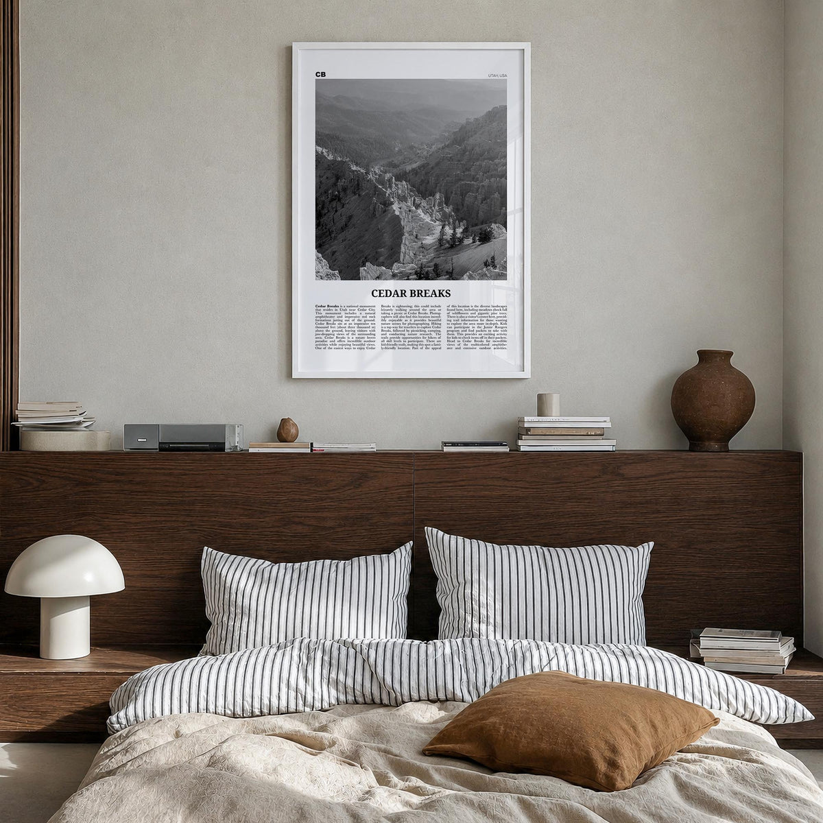 Cedar Breaks National Monument black & white newspaper poster of Utah, USA – vertical wall art in white wood frame, hanging o
