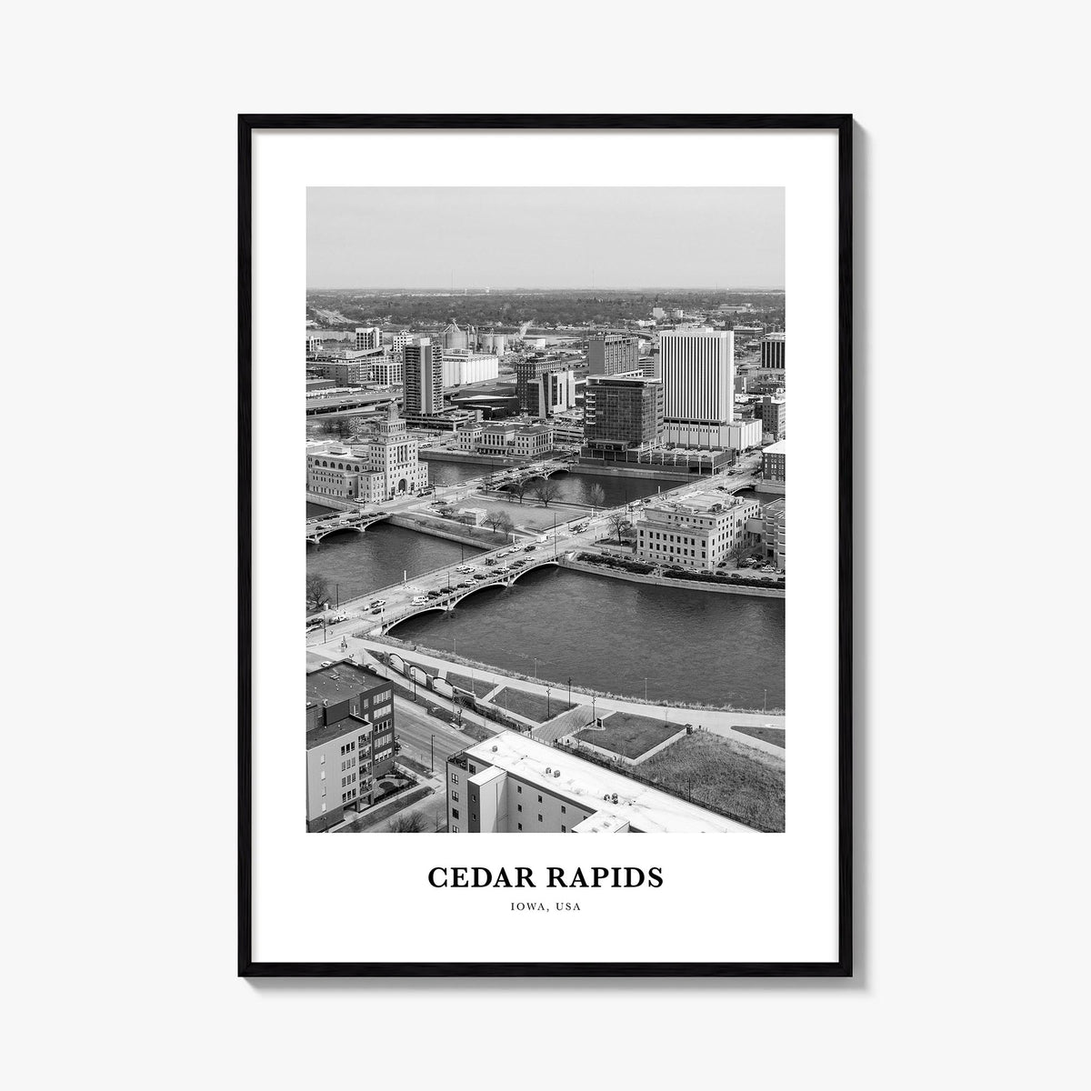 Cedar Rapids black & white classic poster of Iowa, USA – vertical wall art, unframed print shown in interior mockup