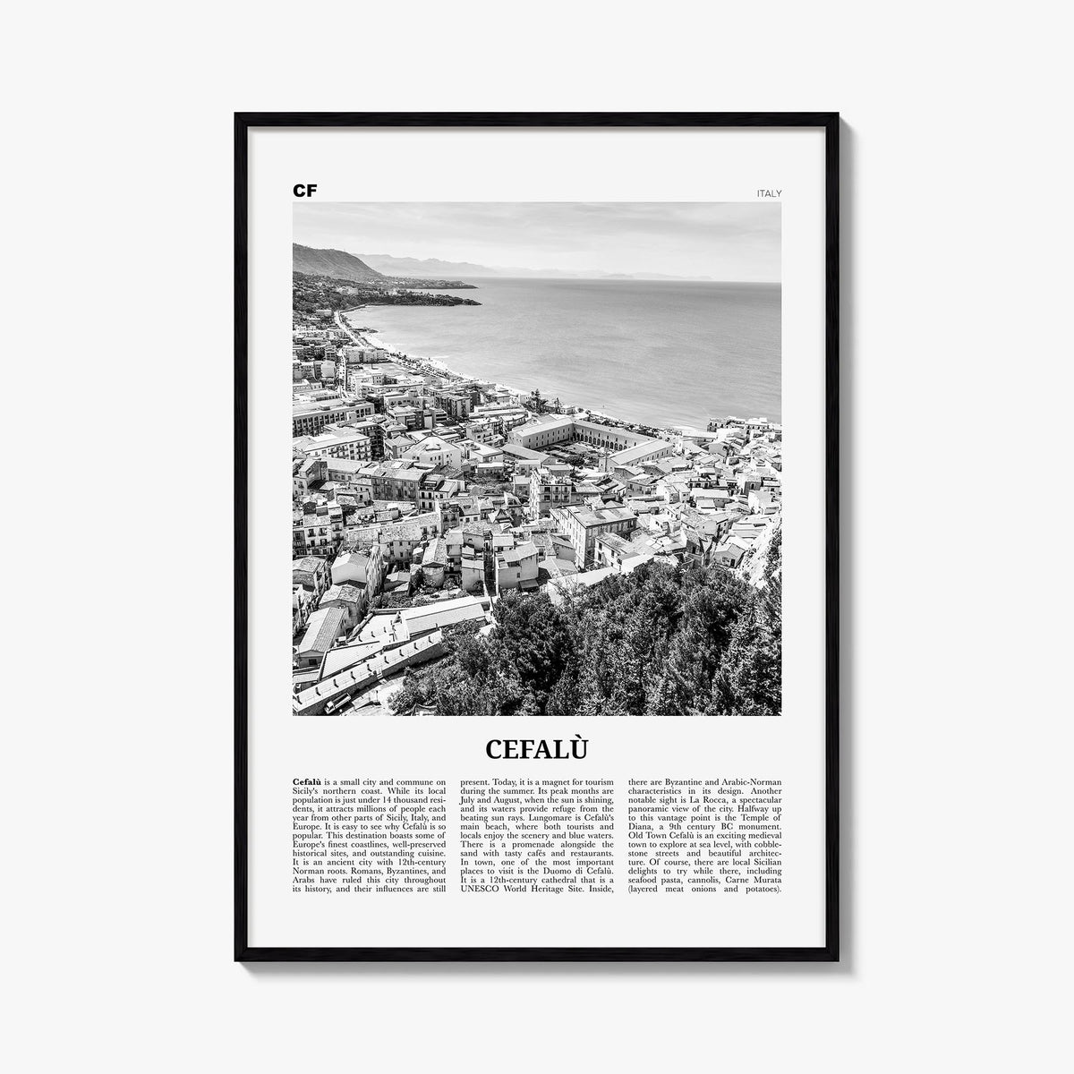 Cefalù black & white newspaper poster of Italy – vertical wall art, unframed print shown in interior mockup