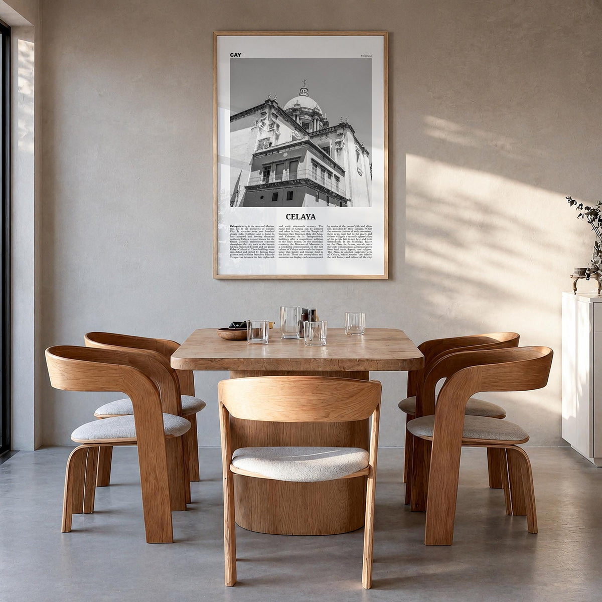 Celaya black & white newspaper poster of Mexico – vertical wall art in natural wood frame, hanging on wall