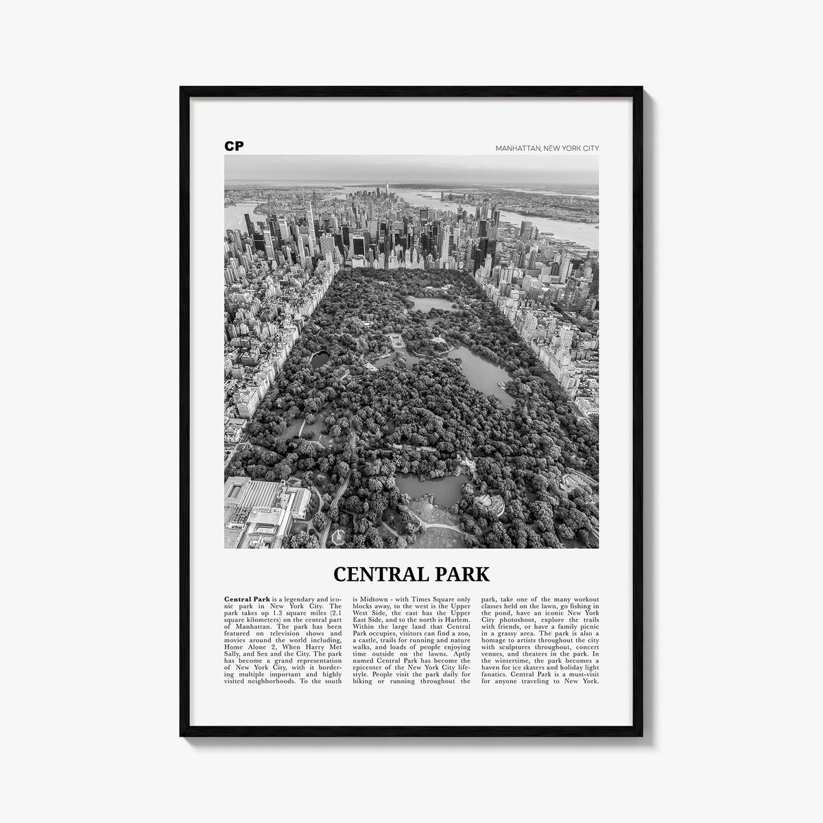Central Park black & white newspaper poster of Manhattan, New York City – vertical wall art, unframed print shown in interior