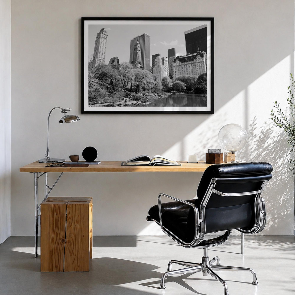 Central Park black & white photo poster of Manhattan, New York City – horizontal wall art in black wood frame with white bord