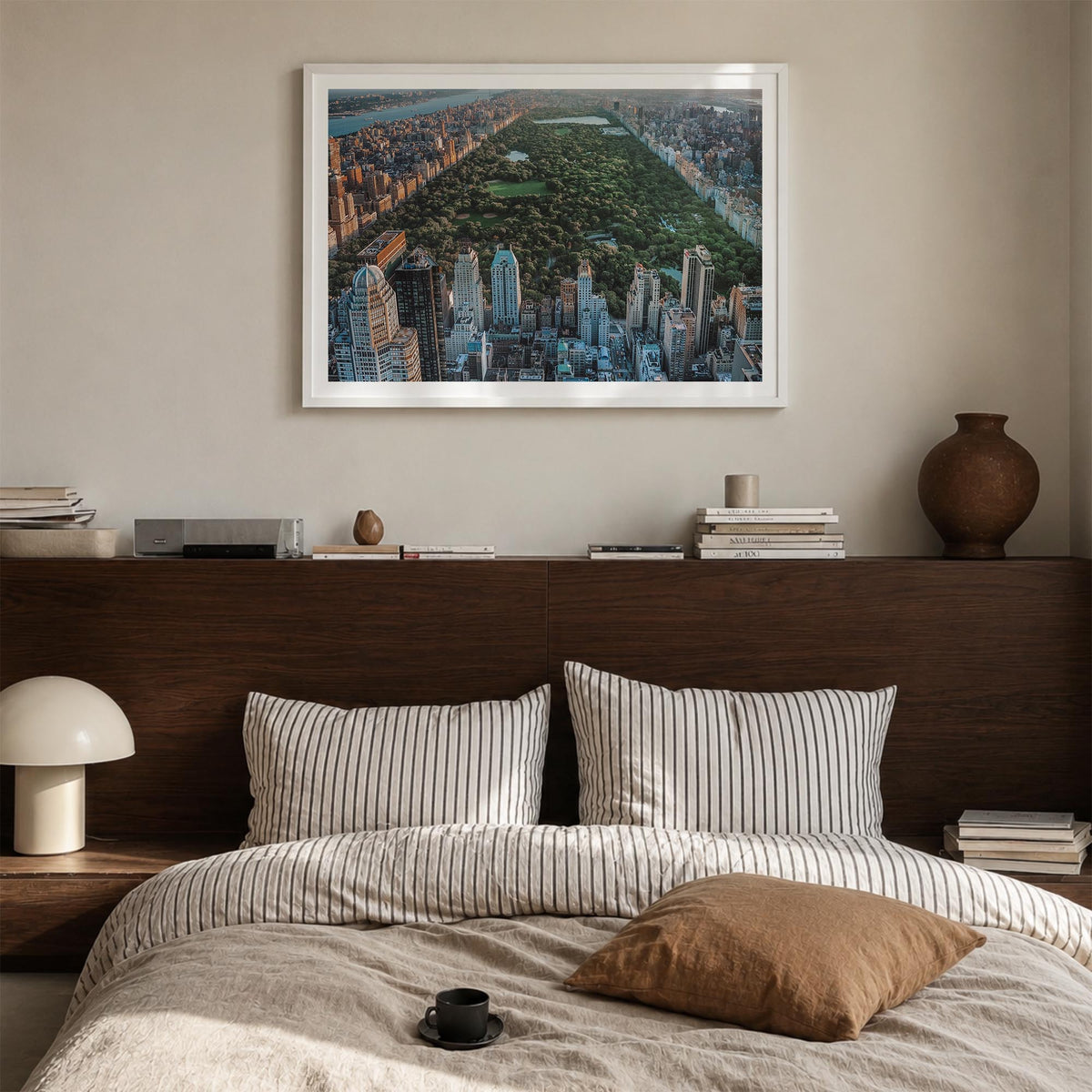 Central Park colorful photo poster of Manhattan, New York City – horizontal wall art in white wood frame with white border, h