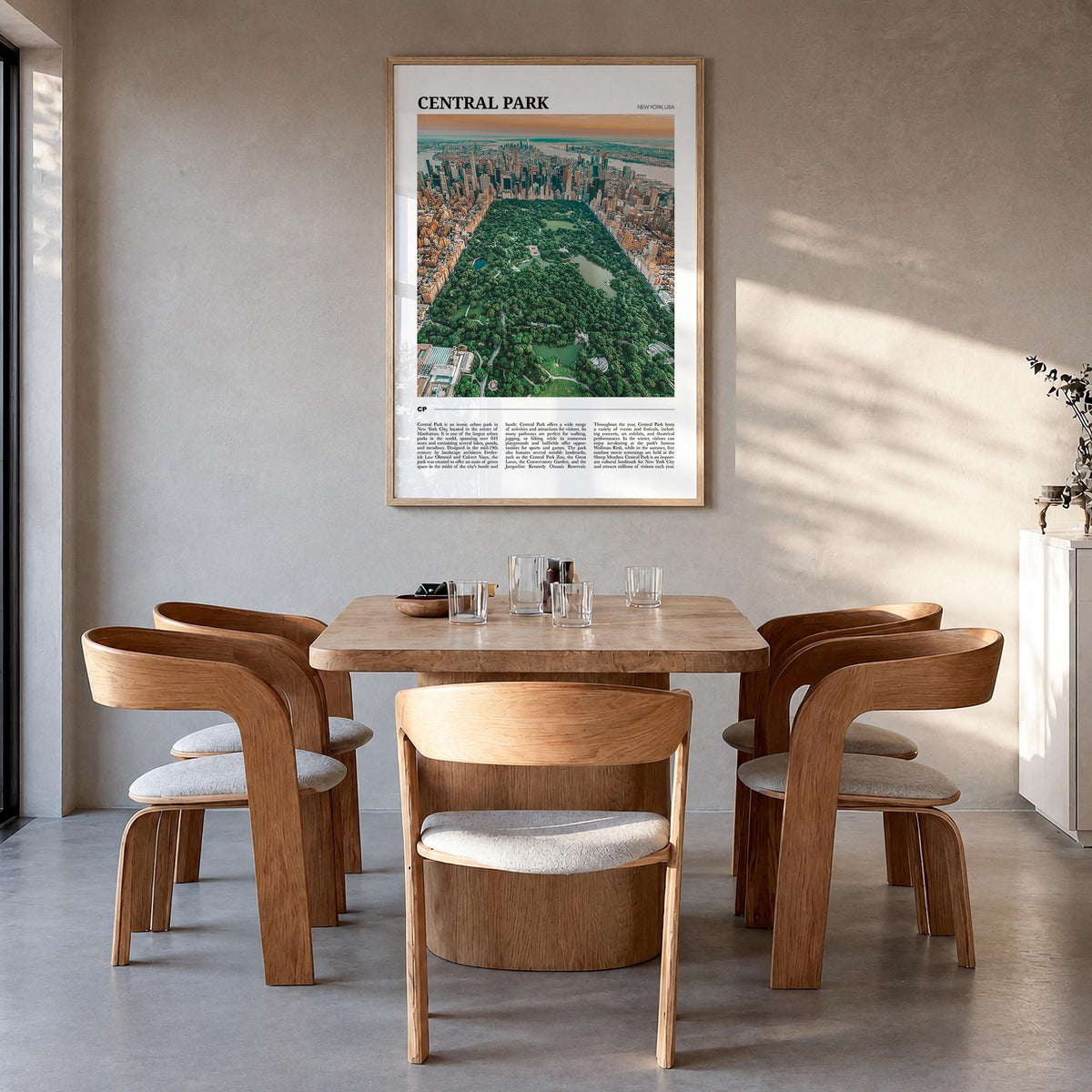 Central Park colorful travel poster of Manhattan, New York City – vertical wall art in natural wood frame, hanging on wall