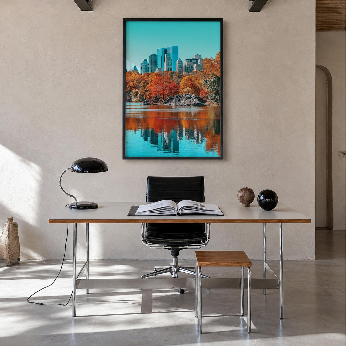 Central Park no. 1 colorful photo poster of Manhattan, New York City – vertical wall art in black wood frame, hanging on wall