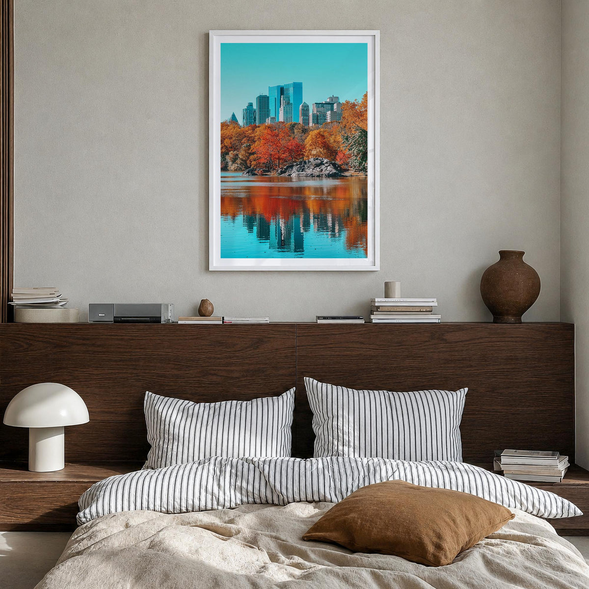 Central Park no. 1 colorful photo poster of Manhattan, New York City – vertical wall art in white wood frame with white borde