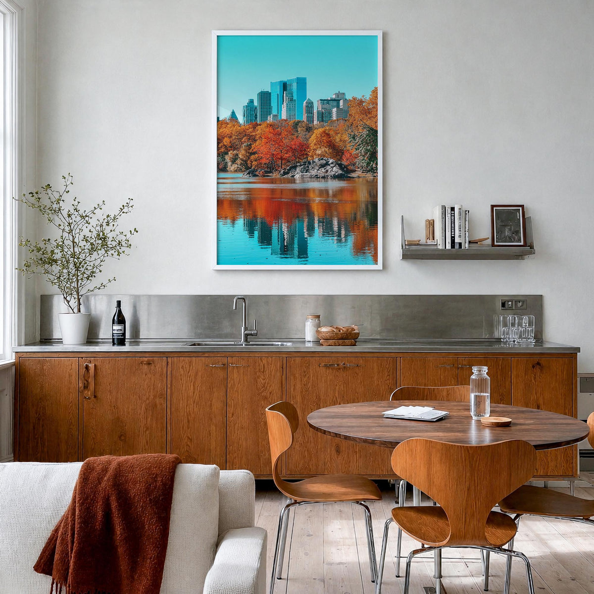 Central Park no. 1 colorful photo poster of Manhattan, New York City – vertical wall art in white wood frame, hanging on wall