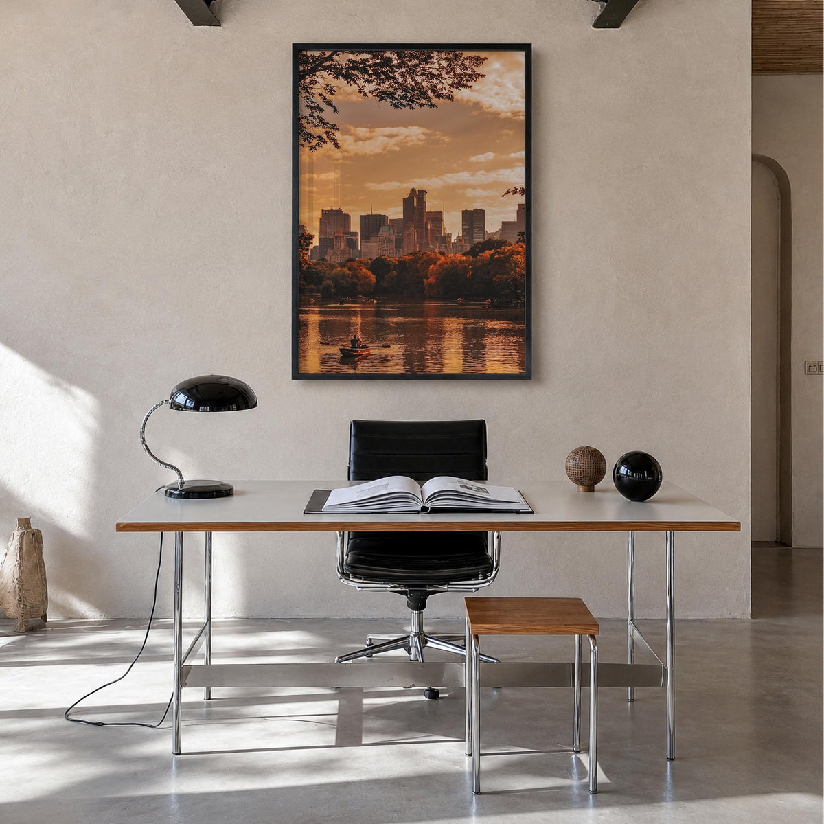 Central Park no. 3 colorful photo poster of Manhattan, New York City – vertical wall art in black wood frame, hanging on wall