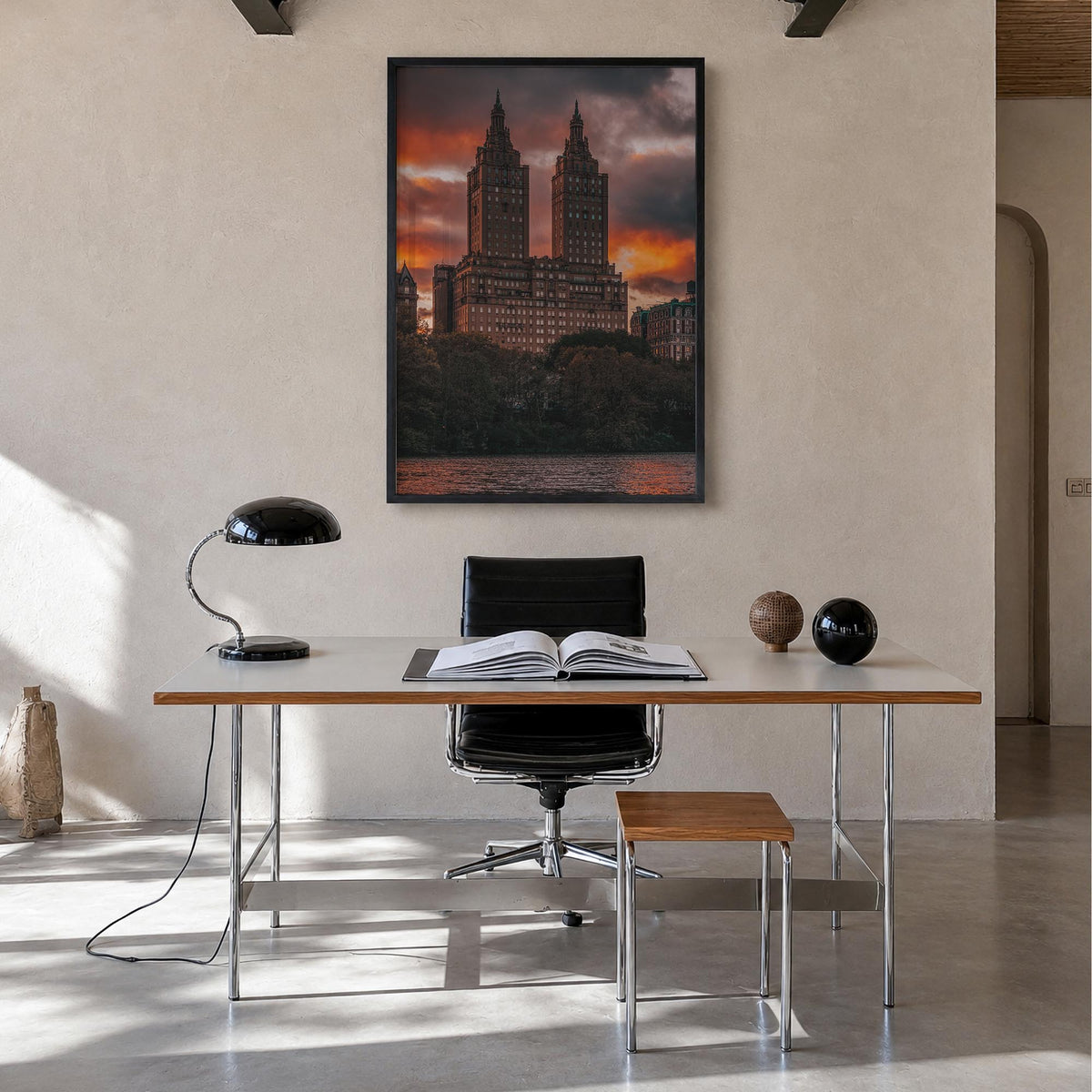 Central Park no. 4 colorful photo poster of New York, USA – vertical wall art in black wood frame, hanging on wall
