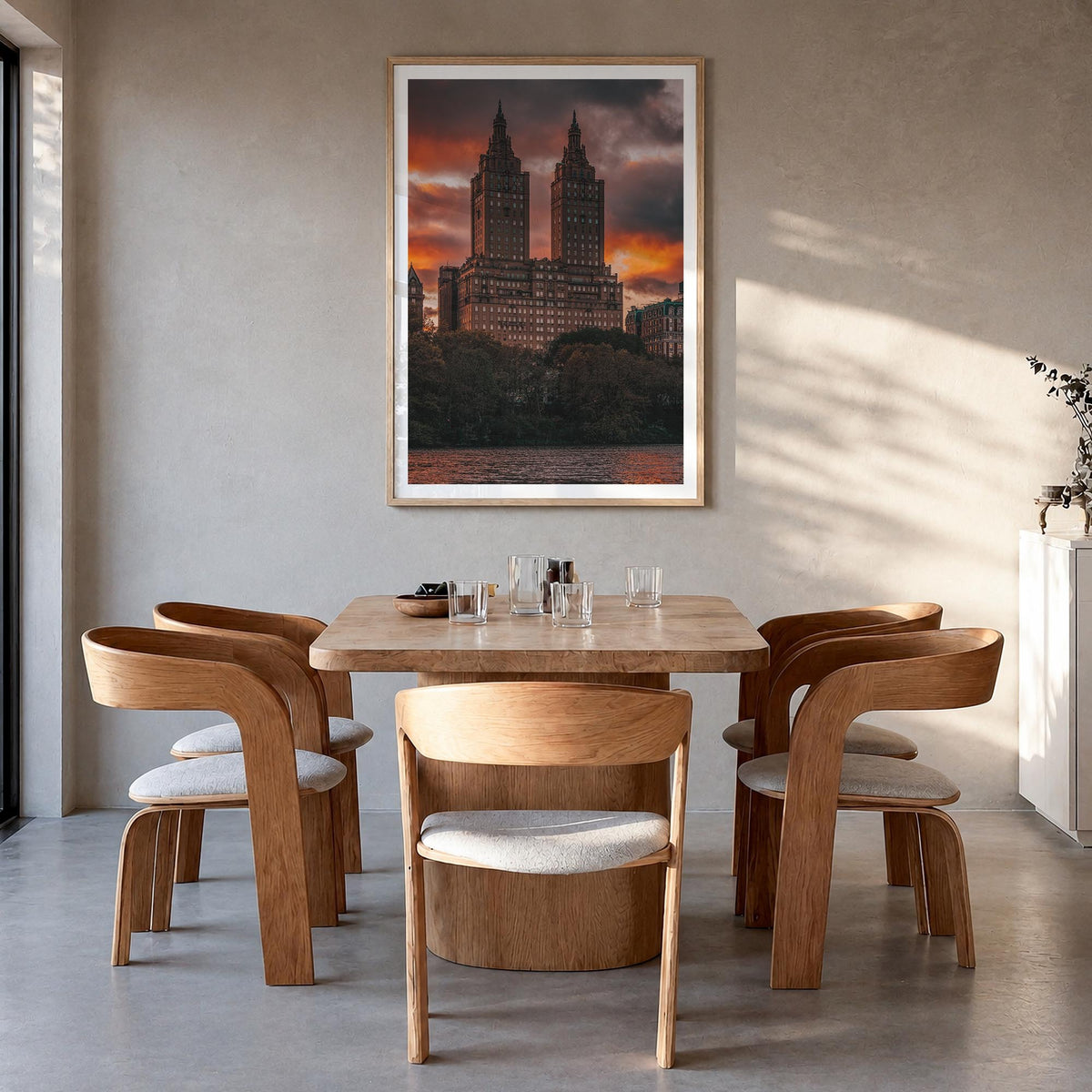Central Park no. 4 colorful photo poster of New York, USA – vertical wall art in natural wood frame with white border, hangin