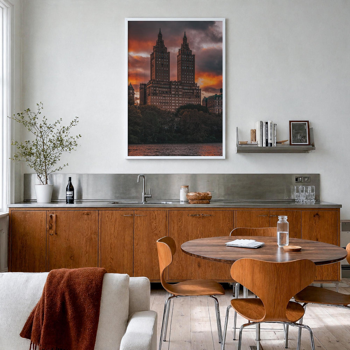 Central Park no. 4 colorful photo poster of New York, USA – vertical wall art in white wood frame, hanging on wall