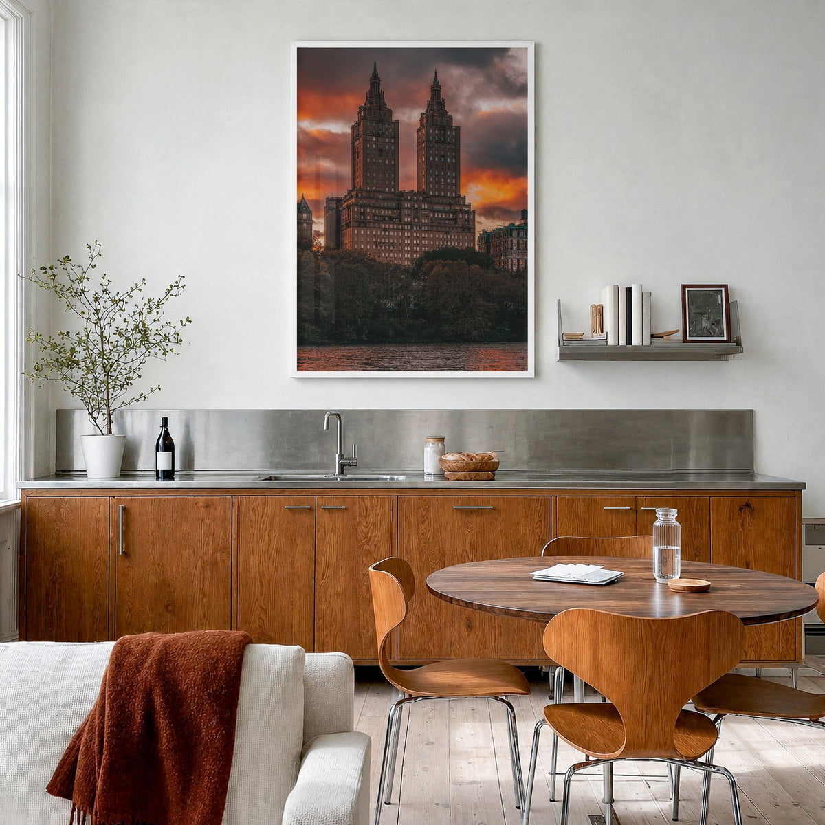 Central Park Photo No 4 Poster in a white wood frame, hanging in a kitchen with a dining area, full image (no border)