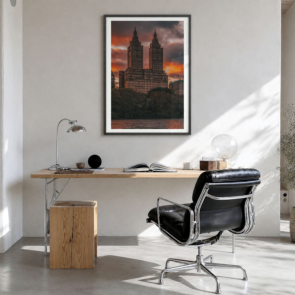 Central Park Photo No 4 Poster in a black wood frame, hanging in a bright home office, white border
