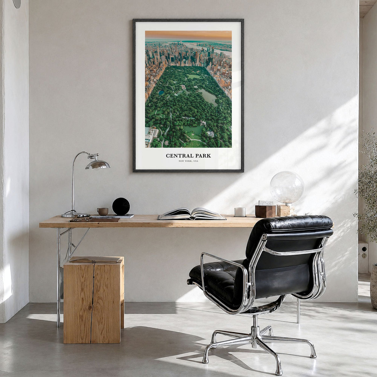 Central Park Classic Poster in a black wood frame, hanging in a bright home office
