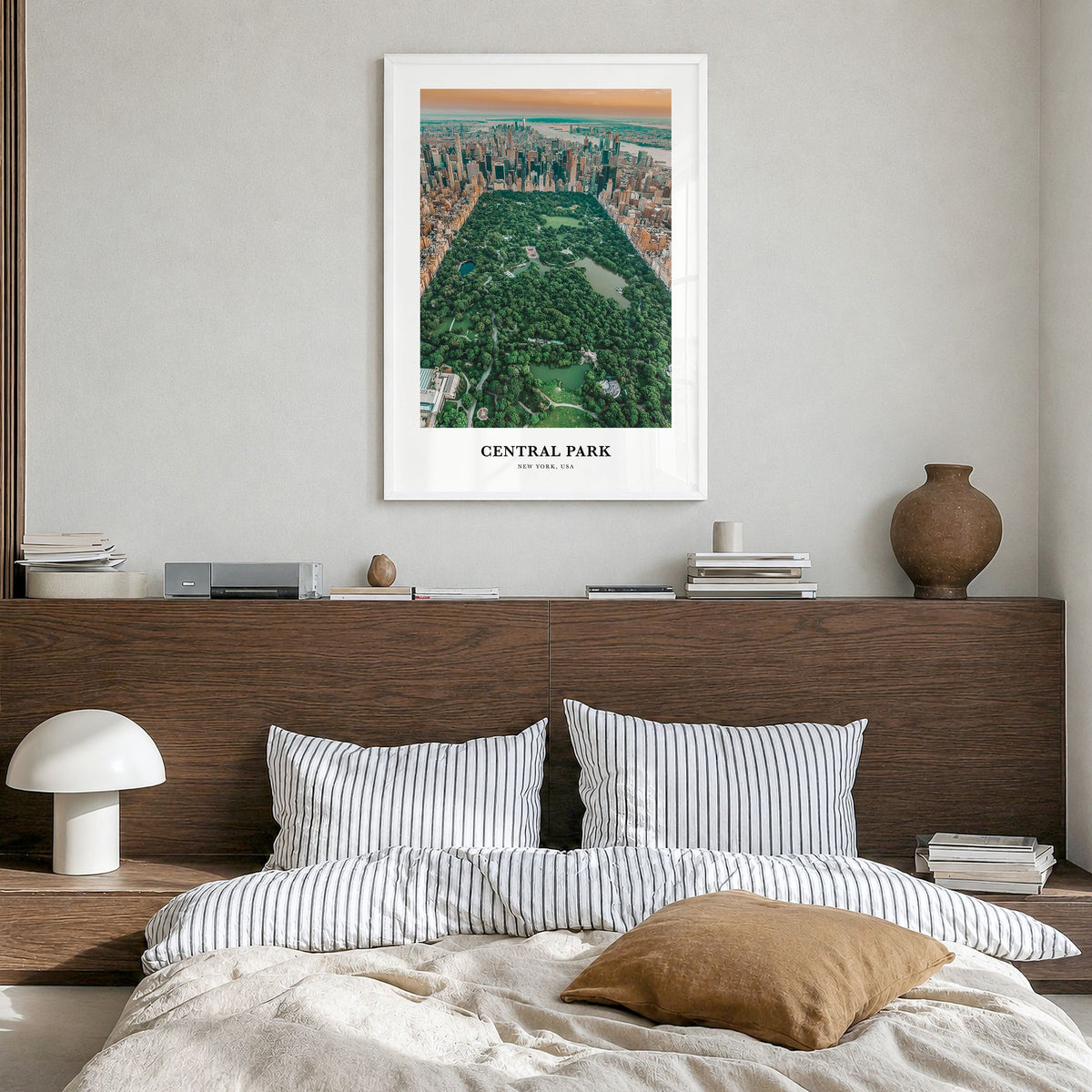 Central Park Classic Poster in a white wood frame, hanging in a bedroom