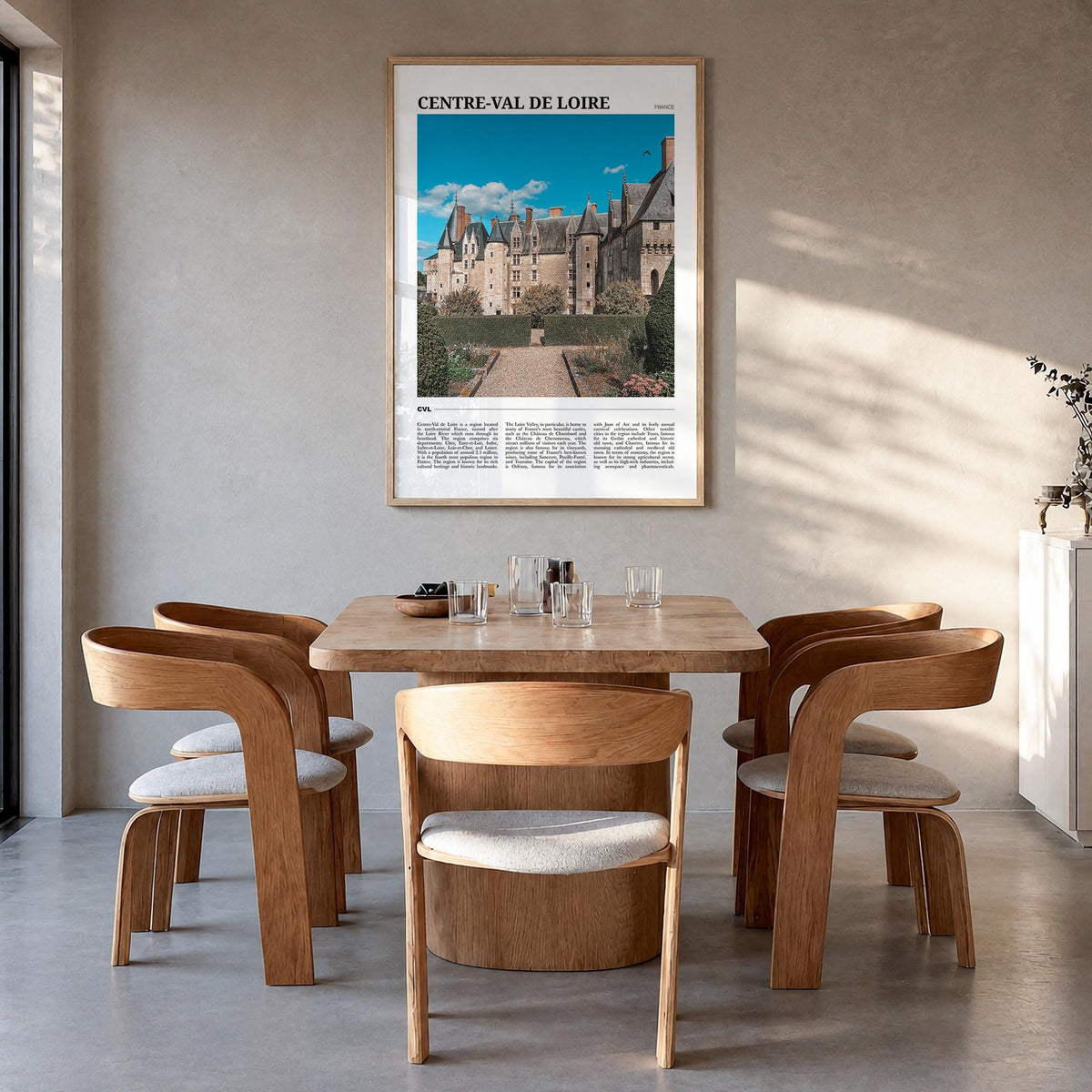 Centre-Val de Loire colorful travel poster of France – vertical wall art in natural wood frame, hanging on wall
