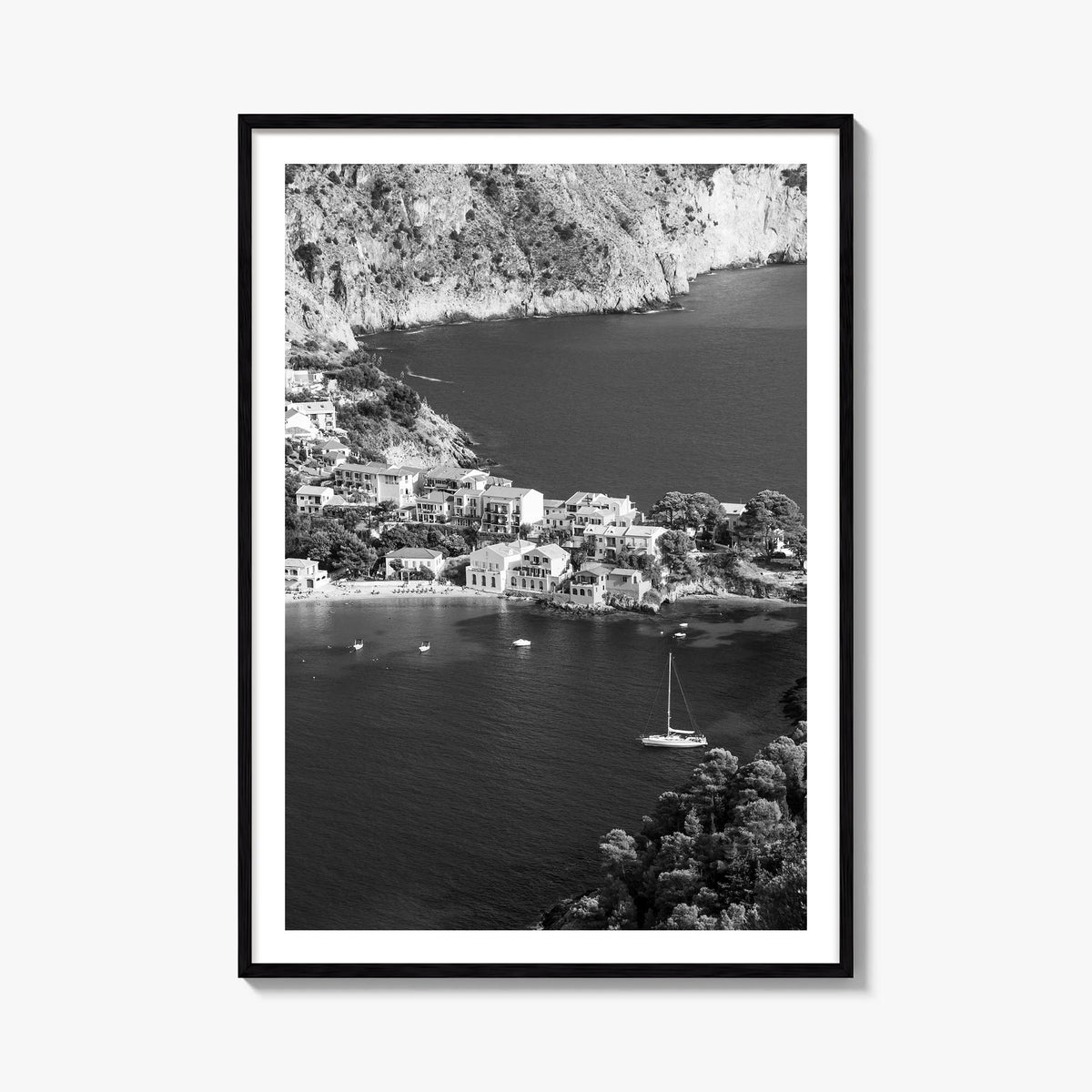 Cephalonia black & white photo poster of Greece – vertical wall art, unframed print shown in interior mockup