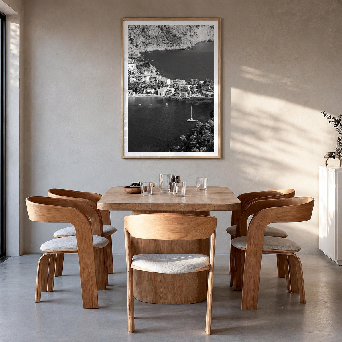 Cephalonia black & white photo poster of Greece – vertical wall art in natural wood frame with white border, hanging on wall